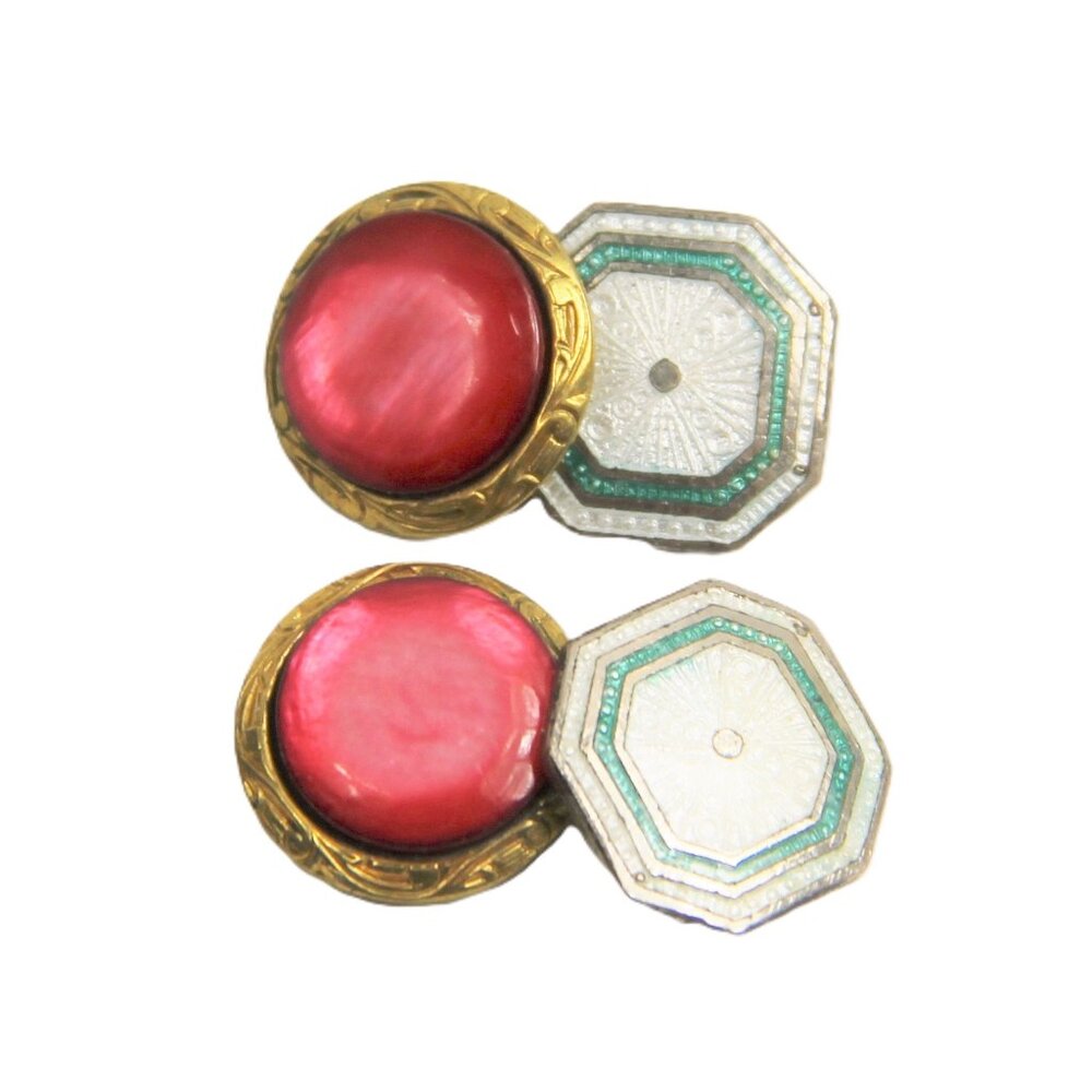 ANTIQUE ART DECO GUILLOCHE ENAMEL & RED STONE CUFFLINKS